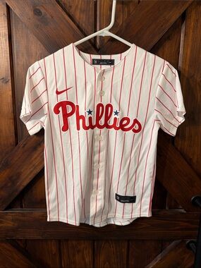 Nike White and Red Phillies Pinstripe Kids Button-Down Jersey